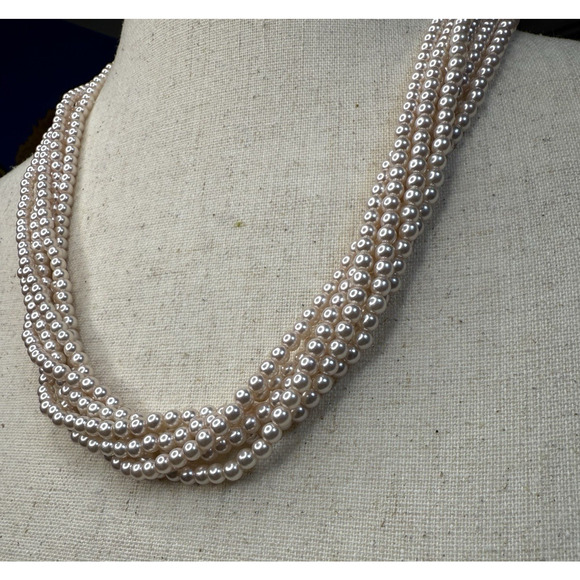 Faux Pearl 6-Strand Necklace Cream 3mm Beads 22” Multi-Layer Classic Vintage - Picture 1 of 5